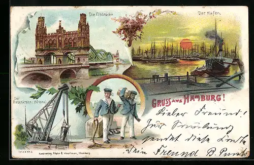 Lithographie Hamburg-Harburg, Hafen, Elbbrücke, Riesenkrahn