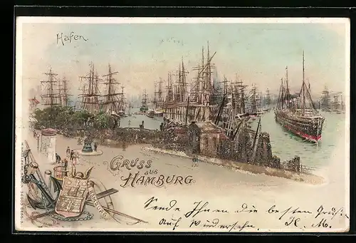 Lithographie Hamburg, Der Hafen mit Schiffen, Glitzer-Perlen