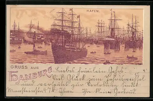 Lithographie Hamburg, Der Hafen mit Schiffen