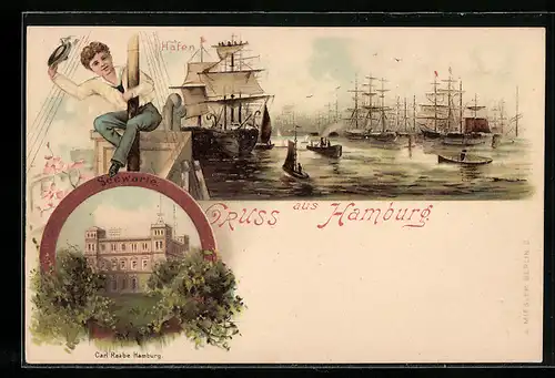 Lithographie Hamburg, Segelschiffe im Hafen, Seewarte