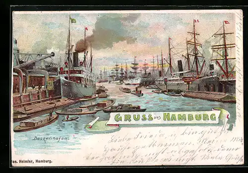 Lithographie Hamburg, Hunold`s Stadt- und Hafen-Rundfahrt, Baakenhafen