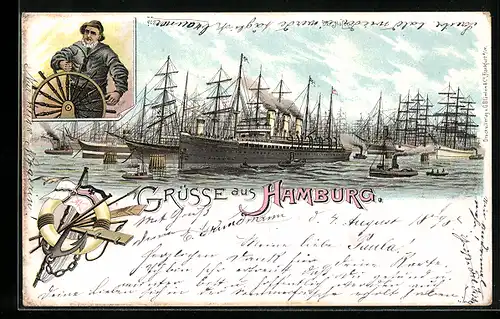 Lithographie Hamburg, Hafen und Seemann am Steuer