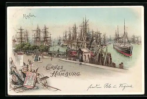 Lithographie Hamburg, Besucher am Hafen