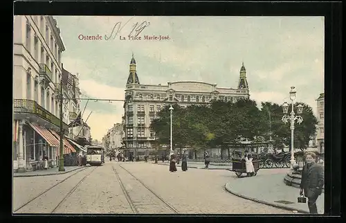 AK Ostende, La Place Marie-Josef mit Strassenbahn