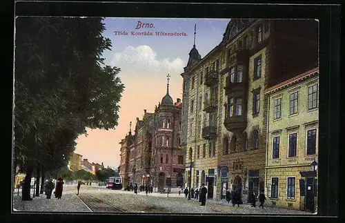 AK Brünn / Brno, Konrad-von-Hötzendorf-Strasse mit Strassenbahn