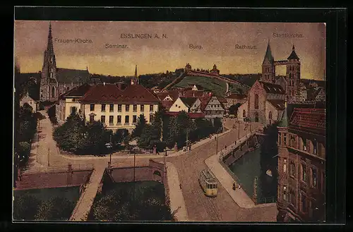 AK Esslingen a. N., Burg, Rathaus, Stadtkirche, Strassenbahn