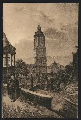 Künstler-AK Alt-Meissen, Partie bei Frauenstufen