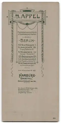 Fotografie M. Appel, Berlin, Brunnenstr. 111, Bürgerlicher Herr mit Schnurrbart in schwarzem Anzug und Krawatte