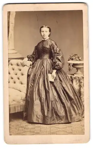 Fotografie Gustav Schultze, Naumburg a. S., hübsche junge Frau im glänzenden Biedermeierkleid