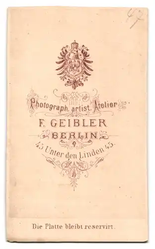 Fotografie F. Geibler, Berlin, Unter den Linden 45, junger preussischer Eisebahner in Uniform mit Vollbart