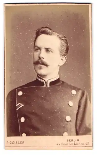 Fotografie F. Geibler, Berlin, Unter den Linden 45, preussischer Eisenbahner in Uniform mit eingesteckten Ordensband