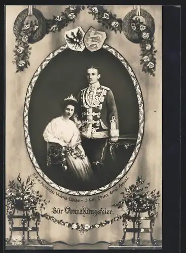 AK Ernst August Herzog von Braunschweig mit seiner Braut Prinzessin Victoria Luise von Preussen, Vermählungsfeier