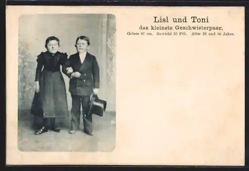 AK Geschwisterpaar Lisl und Toni, Alter 26 und 30 Jahre, Liliputaner