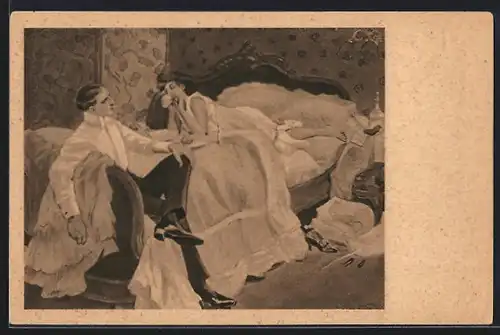Künstler-AK Ferdinand von Reznicek: Frau in Unterwäsche liegt auf Bett, Herr sitzt davor auf Stuhl