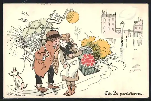 Künstler-AK Paris, Mann umarmt Frau auf der Strasse