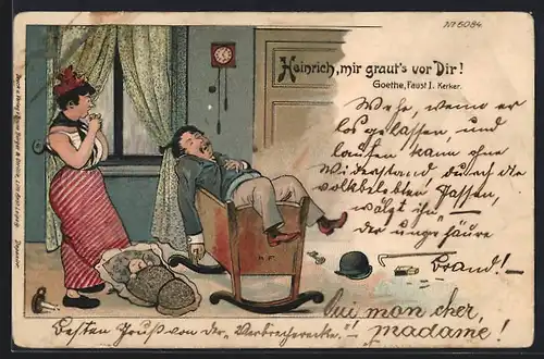 Künstler-AK Bruno Bürger & Ottillie Nr. 6084: Frau findet Mann in der Wiege, Heinrich mir graut`s vor Dir!, Goethe