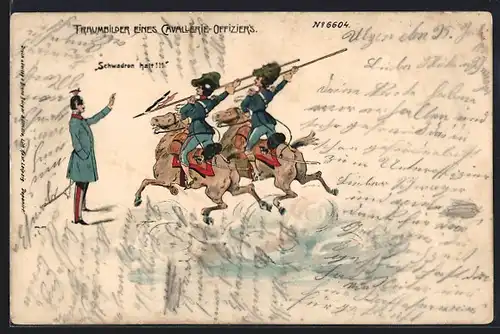 Künstler-AK Bruno Bürger & Ottillie Nr. 6604: Kavallerie-Offizier vor Soldaten zu Pferde
