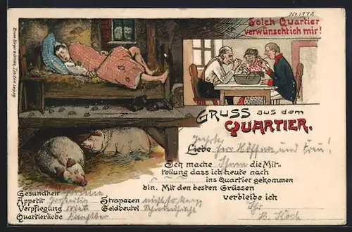 Künstler-AK Bruno Bürger & Ottillie Nr. 1772: Solch Quartier verwünscht ich mir!, Soldat schläft in einem Schweinestall