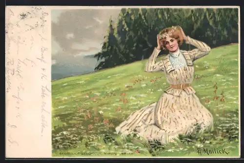 Künstler-AK Alfred Mailick: hübsche Frau im eleganten Kleid mit Blumenkranz