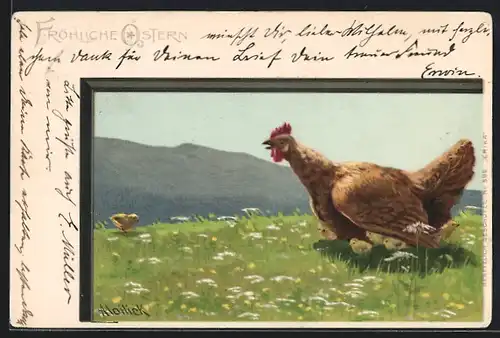 Künstler-AK Alfred Mailick: Huhn mit Küken auf einer Blumenwiese, Ostergruss
