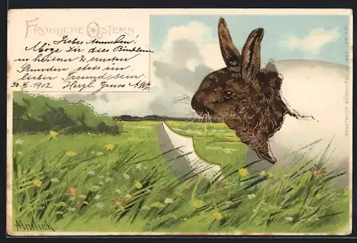 Künstler-AK Alfred Mailick: Hase in einem Ei, Ostergruss