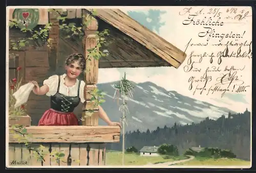 Künstler-AK Alfred Mailick: Junge Frau winkt mit einem Taschentuch, Pfingstgruss