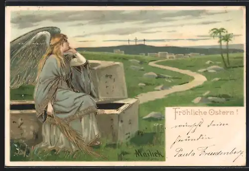 Künstler-AK Alfred Mailick: Fröhliche Ostern!, Osterengel mit Palmenzweig