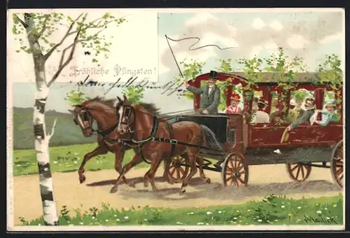 Künstler-AK Alfred Mailick: elegante Gesellschaft reist in einer Pferdekutsche