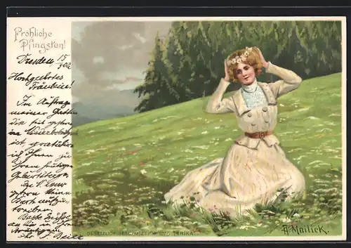 Künstler-AK Alfred Mailick: hübsche Frau im eleganten Kleid mit Blumenkranz