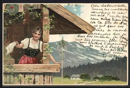 Künstler-AK Alfred Mailick: Junge Frau winkt mit einem Taschentuch, Pfingstgruss