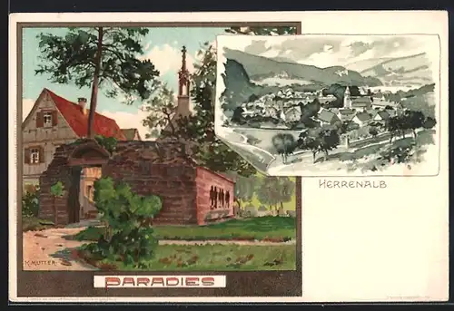 Künstler-AK K. Mutter: Herrenalb, Gesamt- und Gebäudeansicht