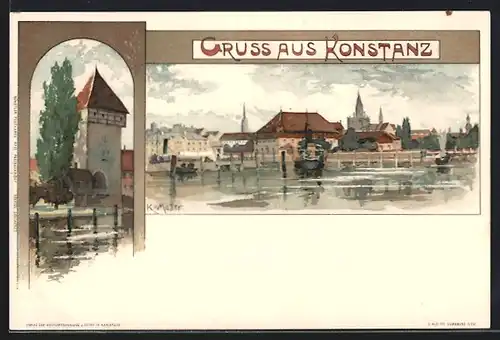 Künstler-AK K. Mutter: Konstanz, Uferpartie, alter Turm