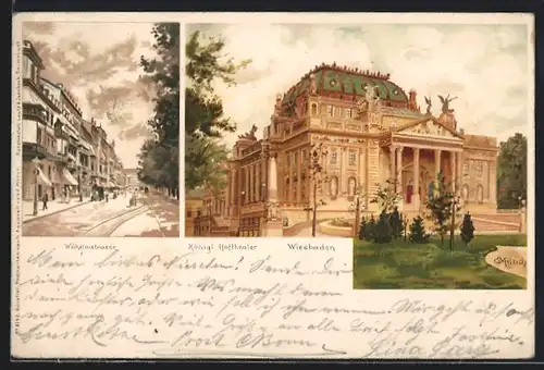 Künstler-Lithographie Carl Münch: Wiesbaden, Kgl. Hoftheater, Wilhelmstrasse