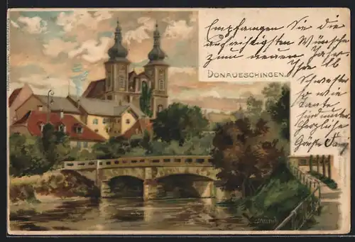 Künstler-AK Carl Münch: Donaueschingen, Schützenbrücke mit Kirche