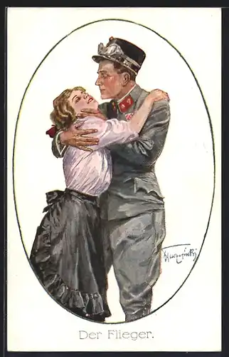 AK Der Flieger, Soldat in Uniform umarmt seine Frau