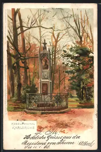 Künstler-Lithographie Carl Münch: Karlsruhe, Hebeldenkmal