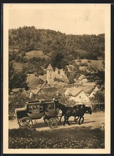 AK Rothenburg o. T., Postkutsche auf der Fahrt zur Stadt bei Dorf Detwang