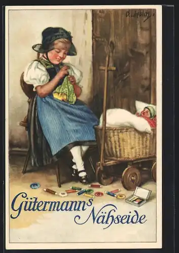 Künstler-AK Curt Liebich: Reklame für Gütermann`s Nähseide, Mädchen näht etwas für ihre Puppe