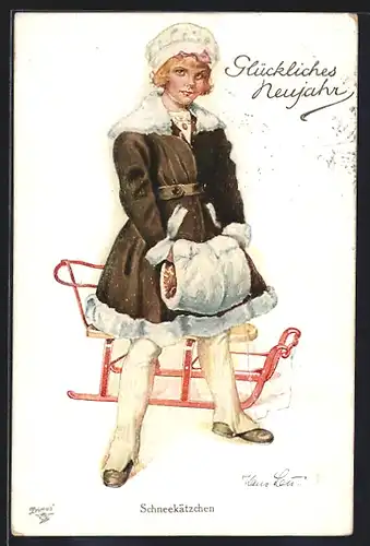 Künstler-AK Hans Leu: Schneekätzchen in Winterkleidung mit Schlitten