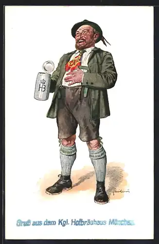 Künstler-AK Fritz Quidenus: München, Hofbräuhaus, Mann in Tracht mit einem Bierkrug