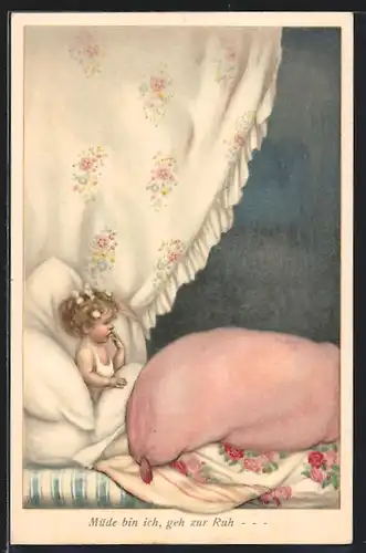 Künstler-AK Susan Beatrice Pearse: Müdes Mädchen liegt im Bett