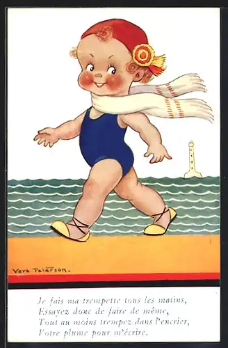 Künstler-AK Vera Paterson: Kleines Mädchen im Badeanzug und mit Schal läuft den Strand entlang
