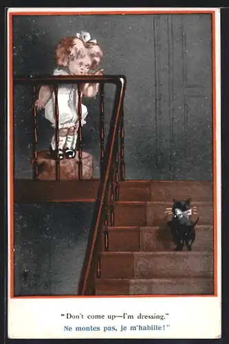 Künstler-AK Fred Spurgin: Don`t come up-I`m dressing, Kleines Mädchen schickt verschämt die Katze weg
