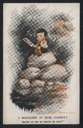 Künstler-AK Fred Spurgin: Kleiner Junge sitzt auf einem Felsen und betrachtet das Bild seiner Angebeteten