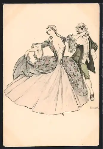 Künstler-AK Simplicissimus: barock gekleidetes Paar beim Tanz