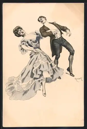 Künstler-AK Ferdinand von Reznicek: Dame in einem Ballkleid tanzt ausgelassen mit dem Herren, Simplicissimus