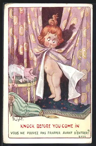 Künstler-AK Right: Knock before you come in, nacktes Mädchen hinterm Vorhang