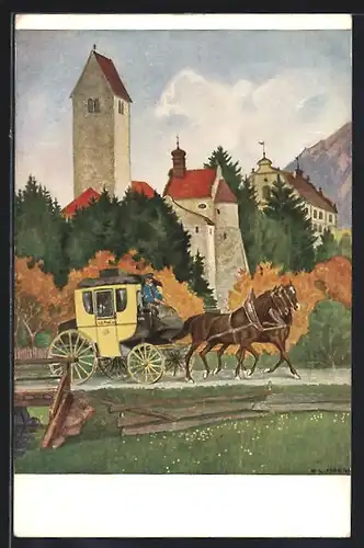 Künstler-AK G. Hirth`s Verlag, Serie: XXIV, 3., Rachenzell im Allgäu mit Postkutsche