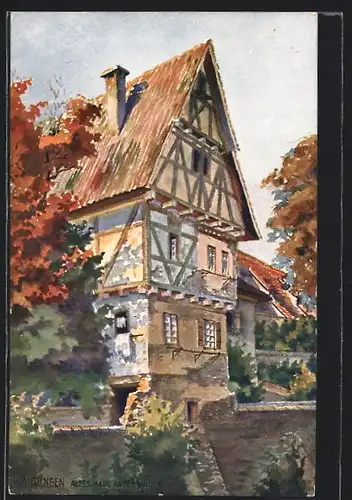 Künstler-AK Waiblingen, das alte Haus an der Mauer