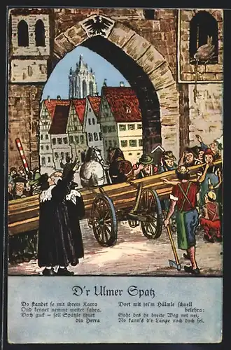 Künstler-AK Ulm, Kutsche am Stadttor, der Ulmer Spatz